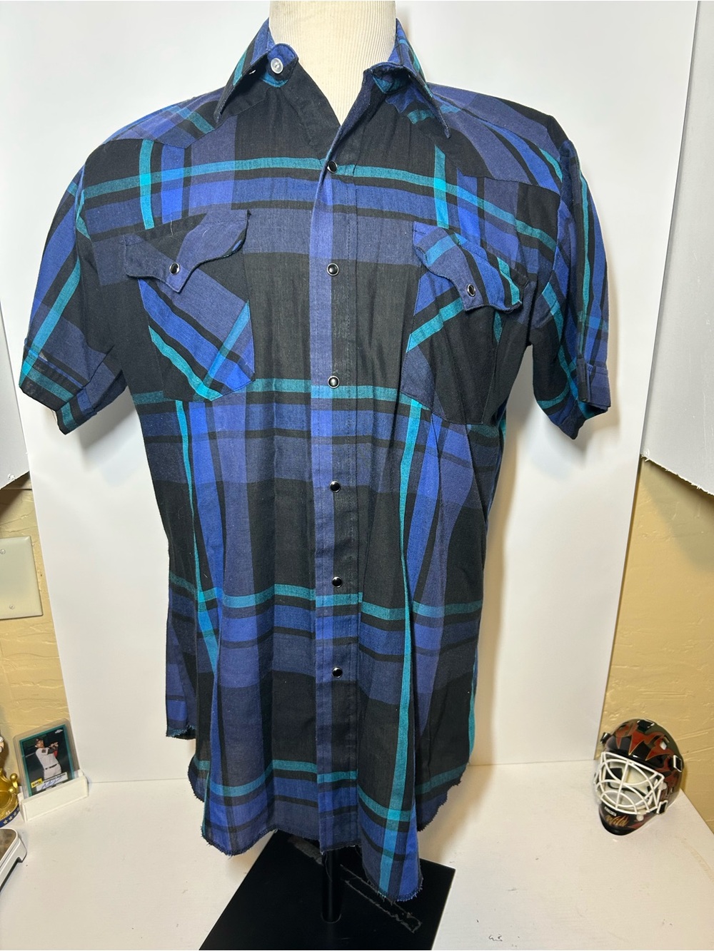 Men's Short Sleeve Black & Blue Plaid Shirt rare made in USA panhandle slim